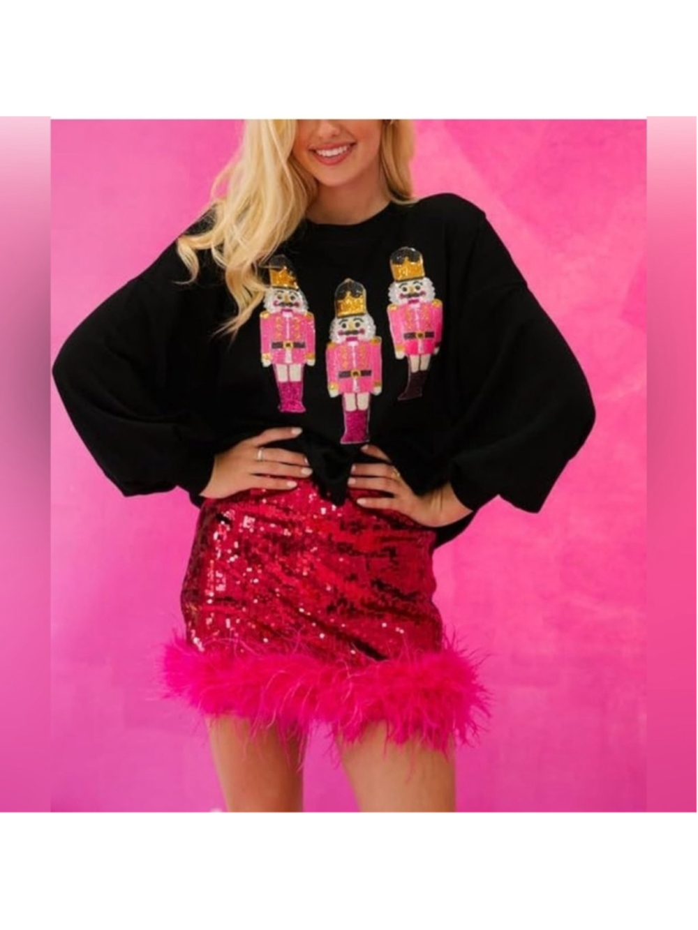 NEW Santa Christmas Sparkly Sequin Crewneck Long Sleeve Pullover Sweatshirt S